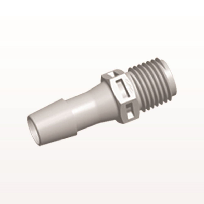 Threaded Connector, Barbed, Natural, 100/Bag - Fits 3/8 inch ID Tubing (0.375 inch, 9.53 mm) x 1/4" NPT - N8S12