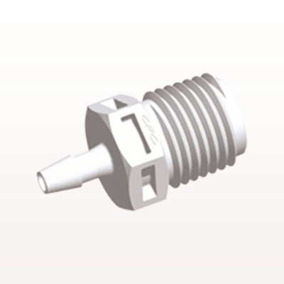 Threaded Connector, Barbed, White, 100/Bag - Fits 1/8 inch ID Tubing (0.125 inch, 3.18 mm) x 1/4" NPT - N8S430