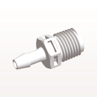 Threaded Connector, Barbed, White, 100/Bag - Fits 3/16 inch ID Tubing (0.188 inch, 4.76 mm) x 1/4" NPT - N8S630