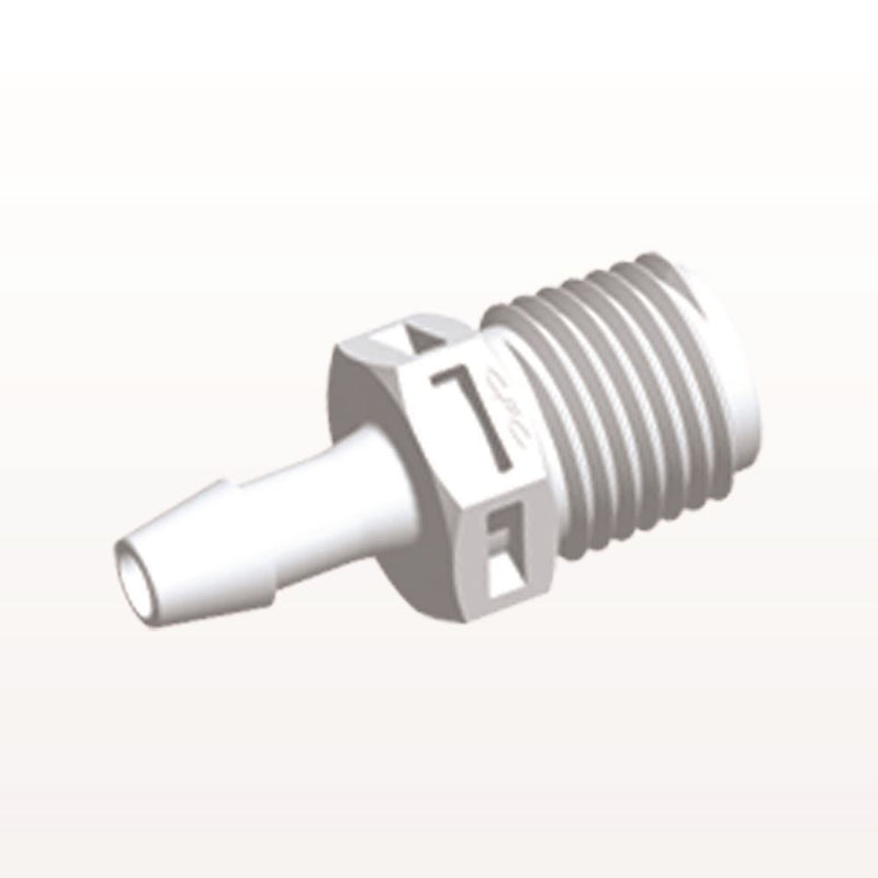 Threaded Connector, Barbed, White, 100/Bag - Fits 3/16 inch ID Tubing (0.188 inch, 4.76 mm) x 1/4" NPT - N8S630