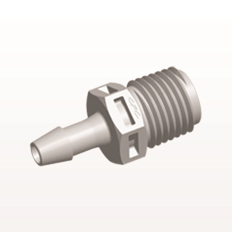Threaded Connector, Barbed, Natural, 100/Bag - Fits 3/16 inch ID Tubing (0.188 inch, 4.76 mm) x 1/4" NPT - N8S6