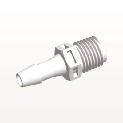 Threaded Connector, Barbed, White, 100/Bag - Fits 1/4 inch ID Tubing (0.25 inch, 6.35 mm) x 1/4" NPT - N8S830