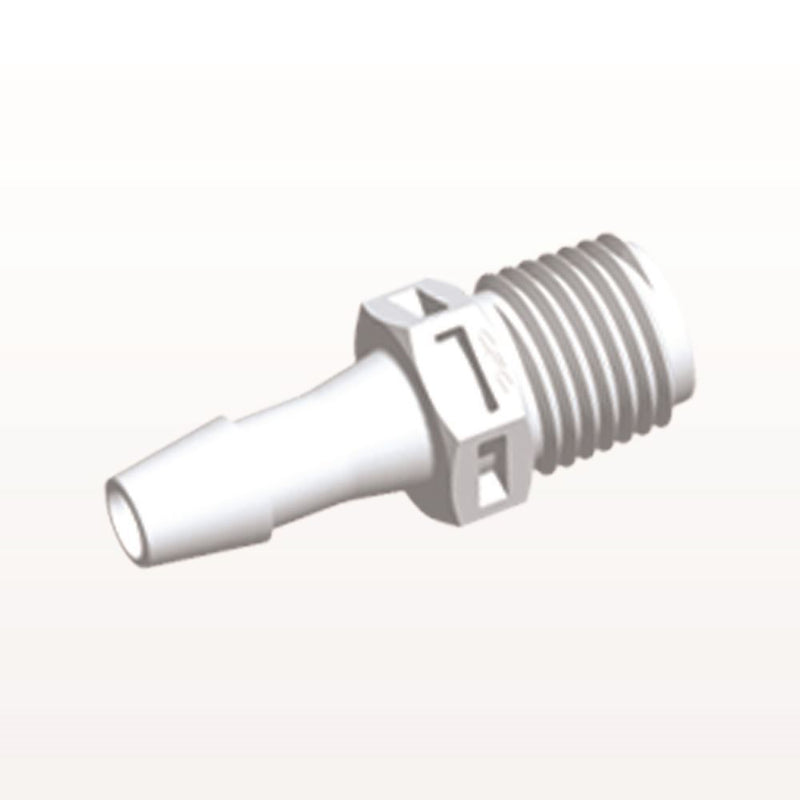 Threaded Connector, Barbed, White, 100/Bag - Fits 1/4 inch ID Tubing (0.25 inch, 6.35 mm) x 1/4" NPT - N8S830