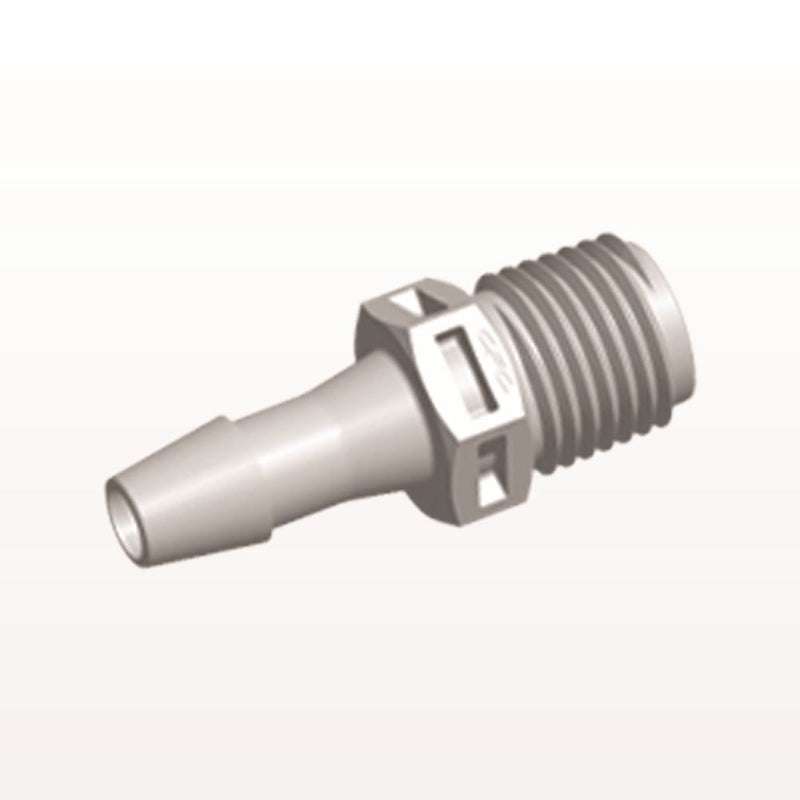 Threaded Connector, Barbed, Natural, 100/Bag - Fits 1/4 inch ID Tubing (0.25 inch, 6.35 mm) x 1/4" NPT - N8S8
