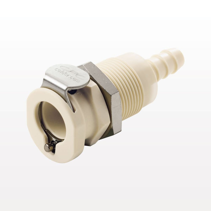 PLC Connector, Panel Mount Body, Non-Valved, Barbed - Fits 3/8 inch ID Tubing (0.375 inch, 9.53 mm) - PLC1600612