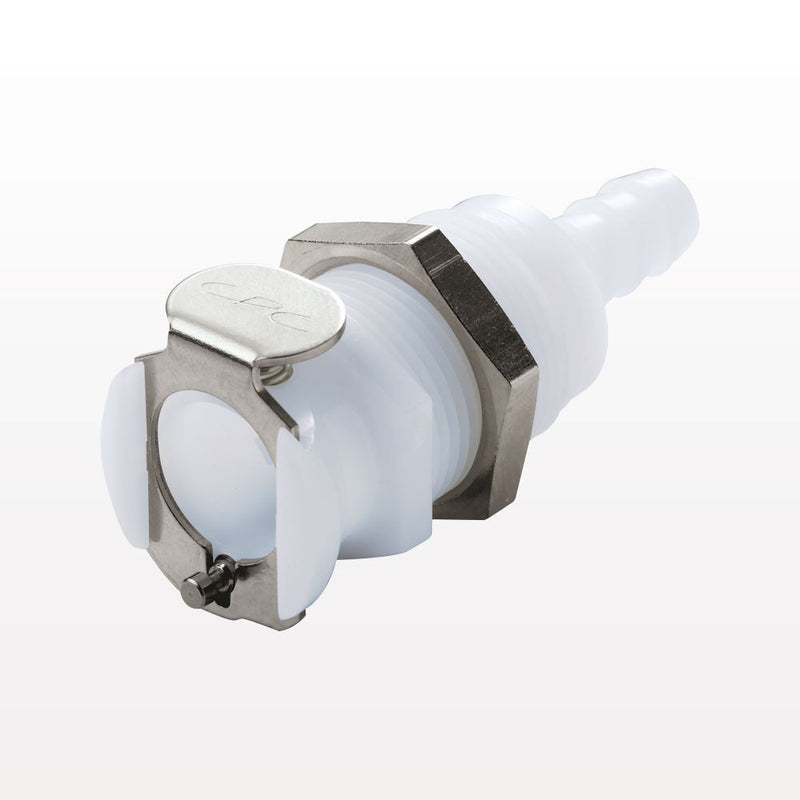 PLC Connector, Panel Mount Body, Non-Valved, Barbed - Fits 3/8 inch ID Tubing (0.375 inch, 9.53 mm) - PLC16006