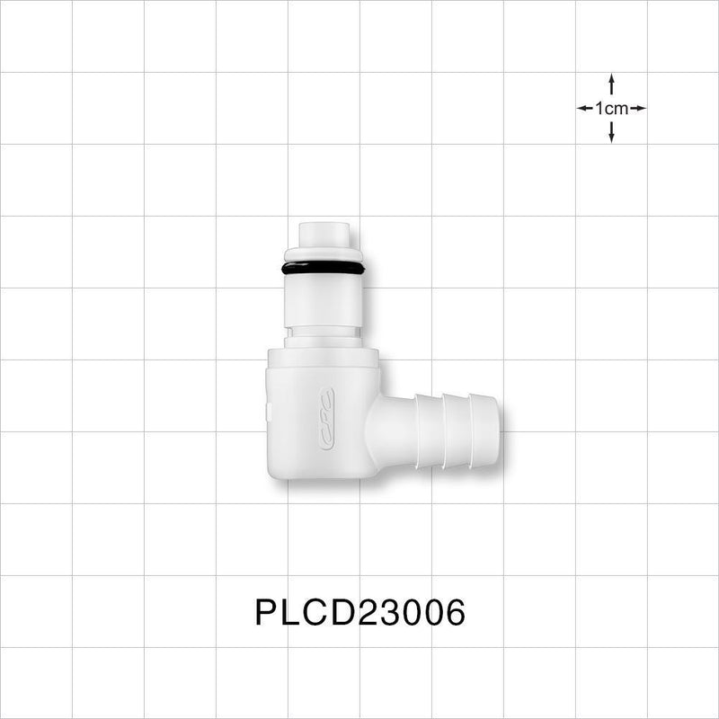 PLC Connector, Elbow Insert, Valved, Barbed - Fits 3/8 inch ID Tubing (0.375 inch, 9.53 mm) - PLCD23006