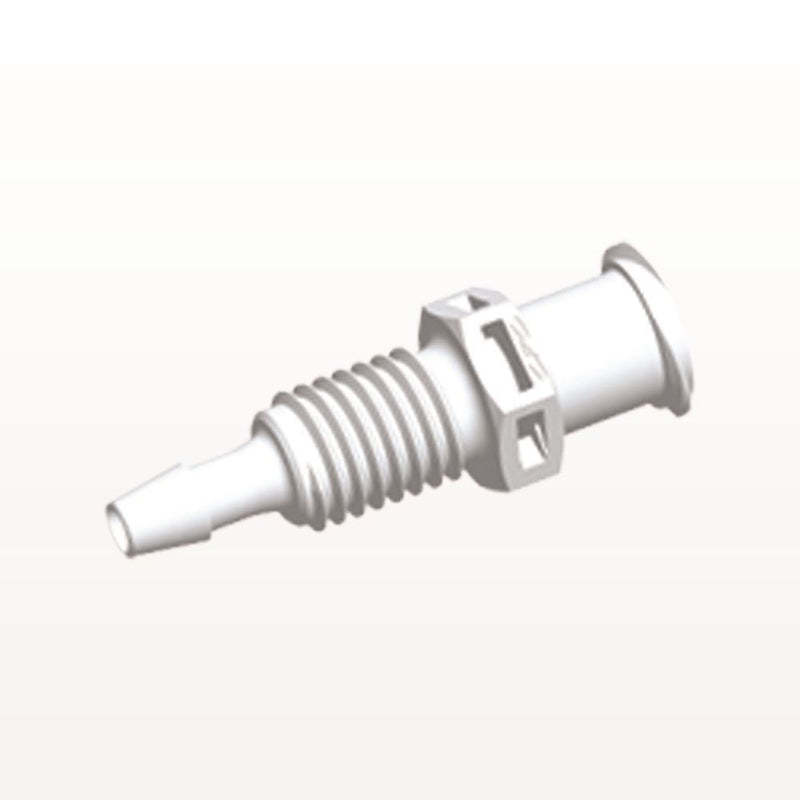 Panel Mount, Female Luer Lock, Barbed, White, 100/Bag - 1/4-28 UNF Thread; Fits 3/32 inch ID Tubing (0.094 inch, 2.38 mm) - PMLF3130