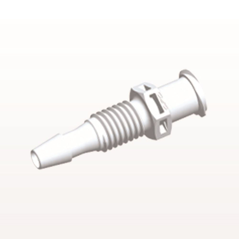 Panel Mount, Female Luer Lock, Barbed, White, 100/Bag - 1/4-28 UNF Thread; Fits 1/8 inch ID Tubing (0.125 inch, 3.18 mm) - PMLF4130