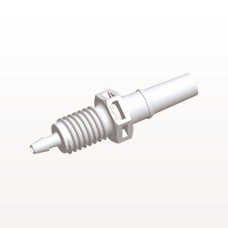 Male Luer Slip to Panel Mount with Barb, White, 100/Bag - 1/4-28 UNF Thread; Fits 1/16 inch ID Tubing (0.063 inch, 1.59 mm) - PMLM2130