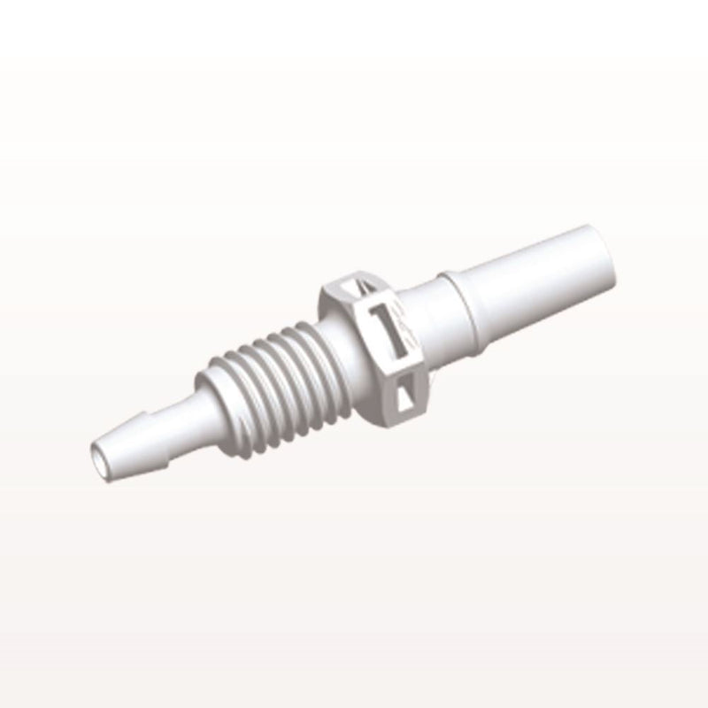 Male Luer Slip to Panel Mount with Barb, White, 100/Bag - 1/4-28 UNF Thread; Fits 3/32 inch ID Tubing (0.094 inch, 2.38 mm) - PMLM3130