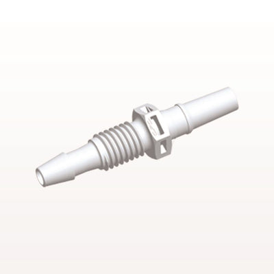 Male Luer Slip to Panel Mount with Barb, White, 100/Bag - 1/4-28 UNF Thread; Fits 1/8 inch ID Tubing (0.125 inch, 3.18 mm) - PMLM4130