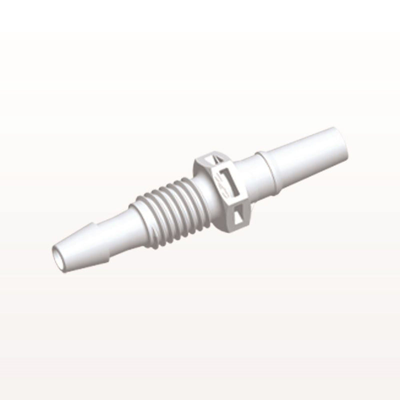 Male Luer Slip to Panel Mount with Barb, White, 100/Bag - 1/4-28 UNF Thread; Fits 1/8 inch ID Tubing (0.125 inch, 3.18 mm) - PMLM4130