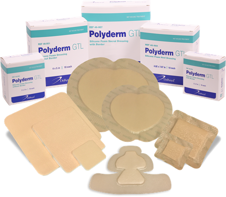 DEROYAL POLYDERM™ GTL SILICONE ADHESIVE WOUND DRESSING BORDERED (FOAM - 2½” x 2½”) (BORDER - 4” x 4”) (QTY/BOX - 10) (PACKAGING - CASE 30)