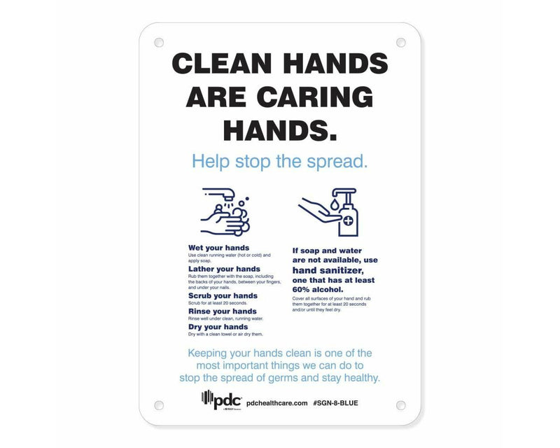 PDC Sign "Clean Hands are Caring Hands" 10" x 7" Blue | SGN-8-BLUE