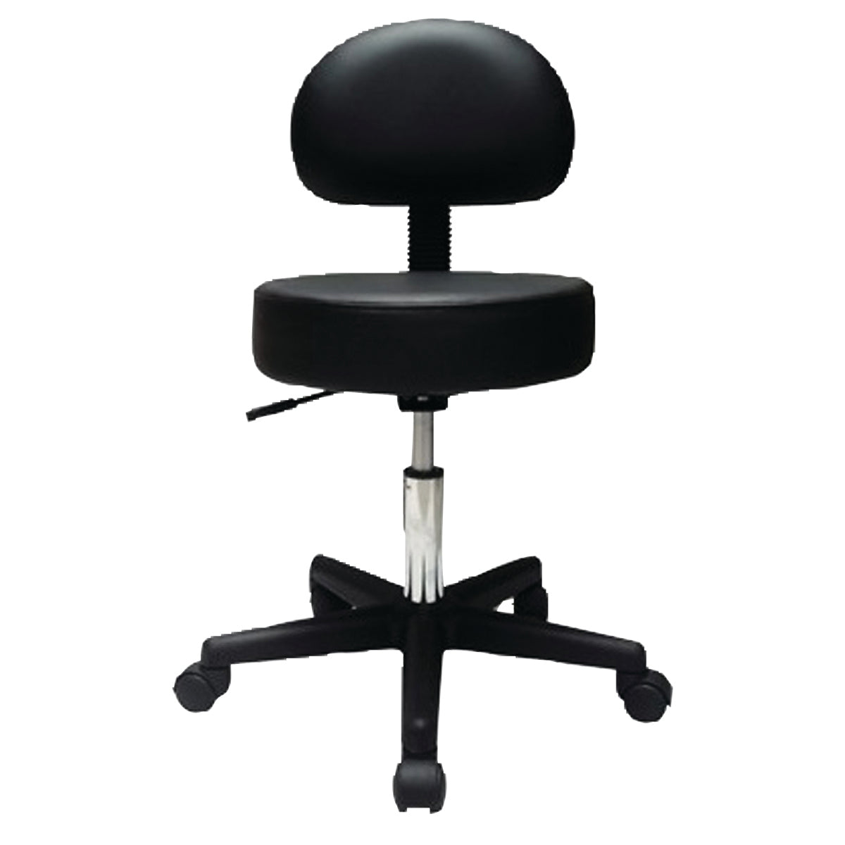 Pneumatic mobile stool, with back, 18" - 22" H, black upholstery
