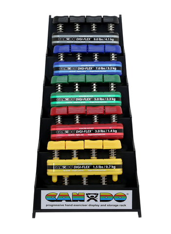 CanDo Digi-Flex hand exerciser - set of 5 (yellow, red, green, blue, black), with plastic rack - FE-10-0746