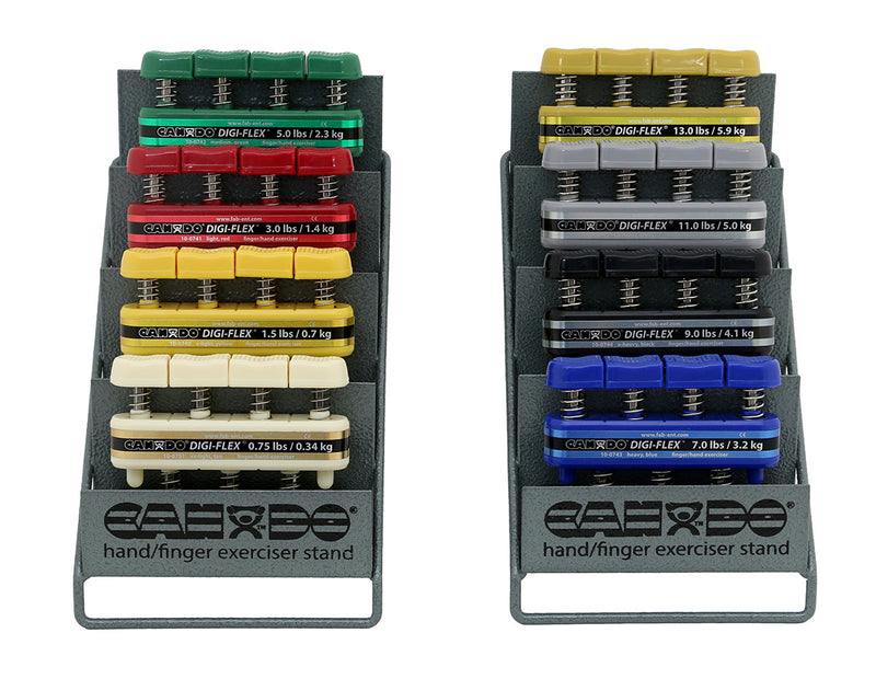 CanDo Digi-Flex hand exerciser - set of 8 (tan, yellow, red, green, blue, black, silver, gold), with metal rack - FE-10-0759