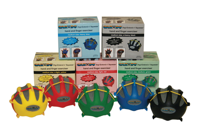 CanDo Digi-Extend n' Squeeze Hand Exerciser - Medium - 5-piece set (yellow, red, green, blue, black), no stand - FE-10-2285
