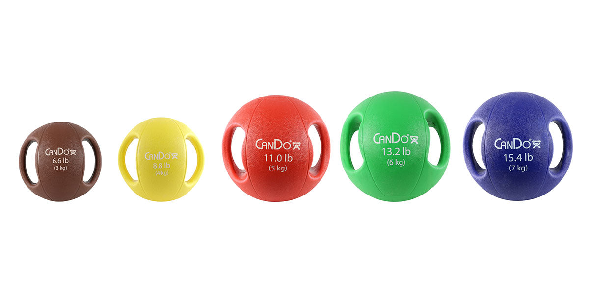 CanDo, Molded Dual Handle Medicine Ball, 5-piece set (1 ea: tan through blue) - FE-10-3285