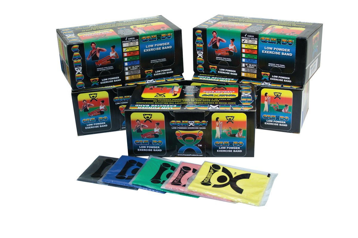 CanDo Low Powder Exercise Band - box of 40, 4' length, 5-piece set (1 each: yellow, red, green, blue, black) - FE-10-5248