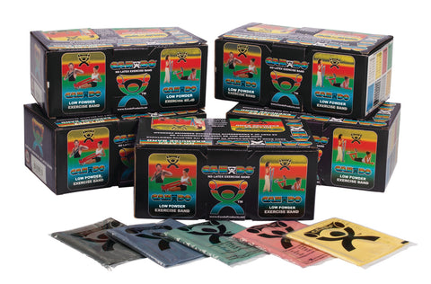CanDo Low Powder Exercise Band - box of 40, 4' length, 5-piece set (1 each: yellow, red, green, blue, black)