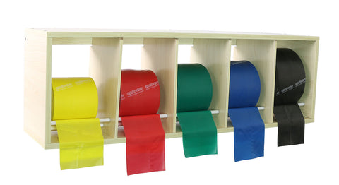 CanDo exercise band rack, plastic, 5 rolls, INCLUDING: 5 x 50 yard CanDo low powder set (yellow, red, green, blue, black)