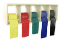 CanDo exercise band rack, plastic, 5 rolls, INCLUDING: 5 x 50 yard CanDo AccuForce low powder set (yellow, red, green, blue, black)