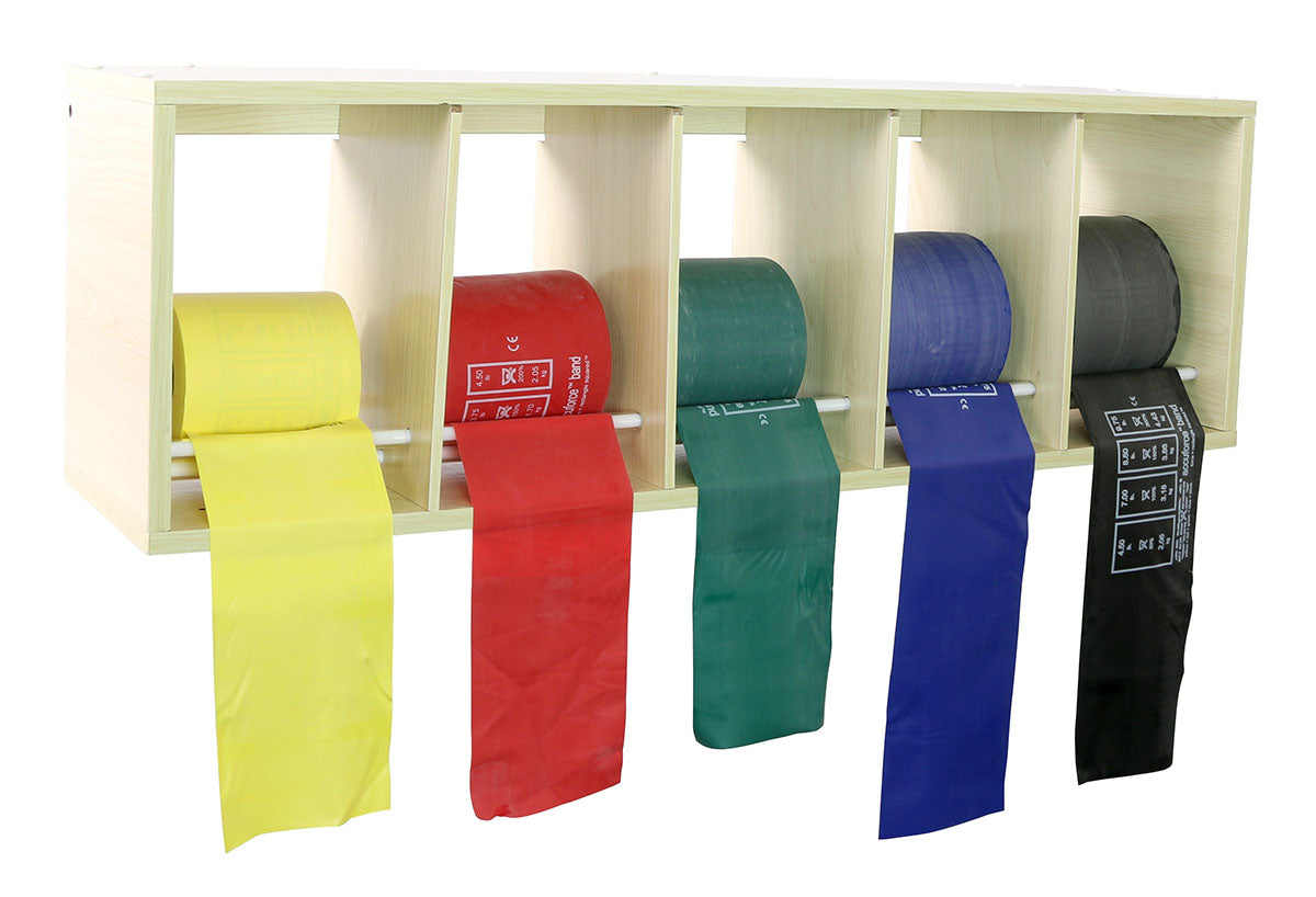 CanDo exercise band rack, plastic, 5 rolls, INCLUDING: 5 x 50 yard CanDo AccuForce low powder set (yellow, red, green, blue, black)