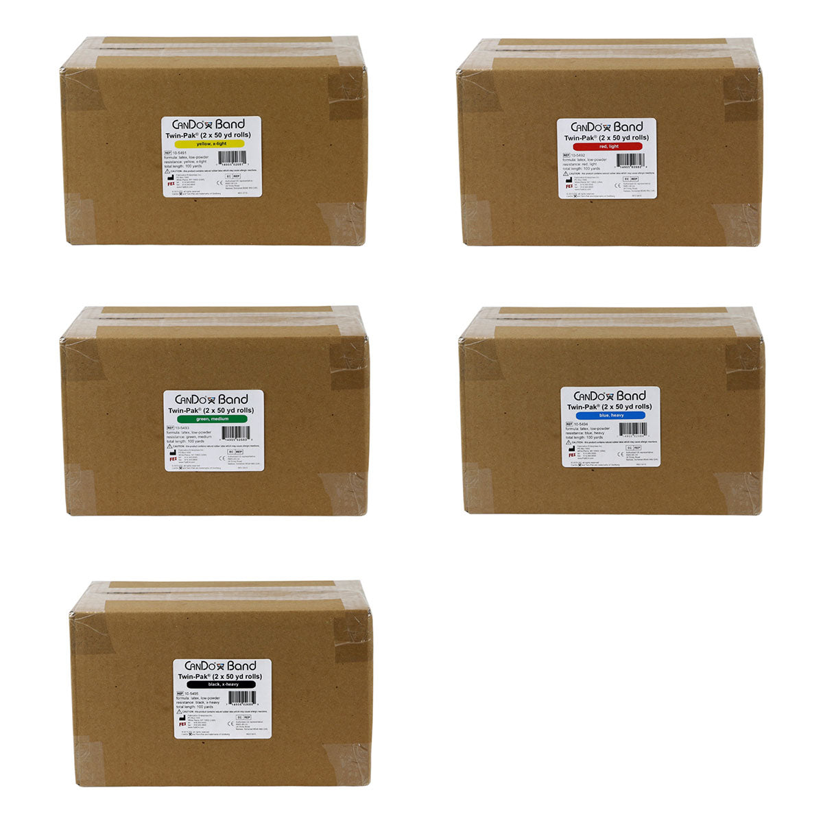 CanDo Low Powder Exercise Band - Twin-Pak - 100 yard - 5 color set (2 x 50 yard boxes of each color: Yellow, Red, Green, Blue, Black) - FE-10-5498