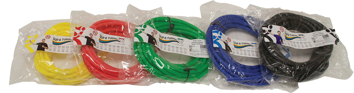 Sup-R Tubing - Latex Free Exercise Tubing - 25' rolls, 5-piece set (1 each: yellow, red, green, blue, black) - FE-10-5879