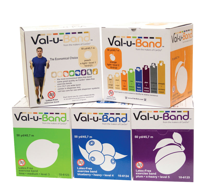 Val-u-Band Resistance Bands, Dispenser Roll, 50 Yds., 5-Piece Set, Peach, Orange, Lime, Blueberry, Plum, Latex-Free - FE-10-6128