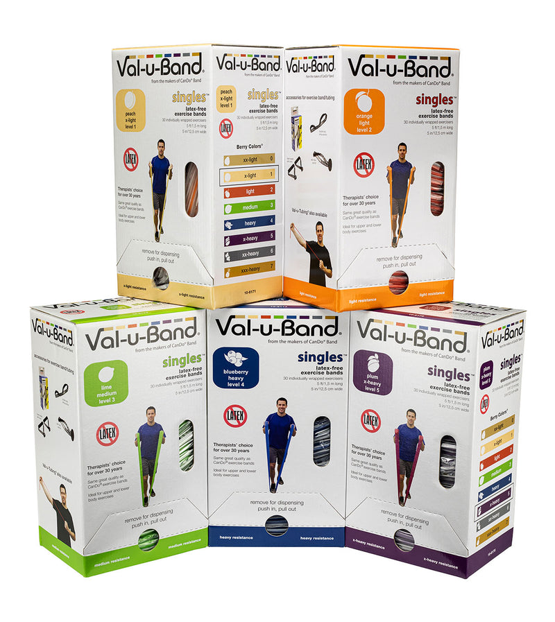 Val-u-Band Resistance Bands, Pre-Cut Strip, 5', 5 Cases of 30 Units Each, Peach, Orange, Lime, Blueberry, Plum, Latex-Free