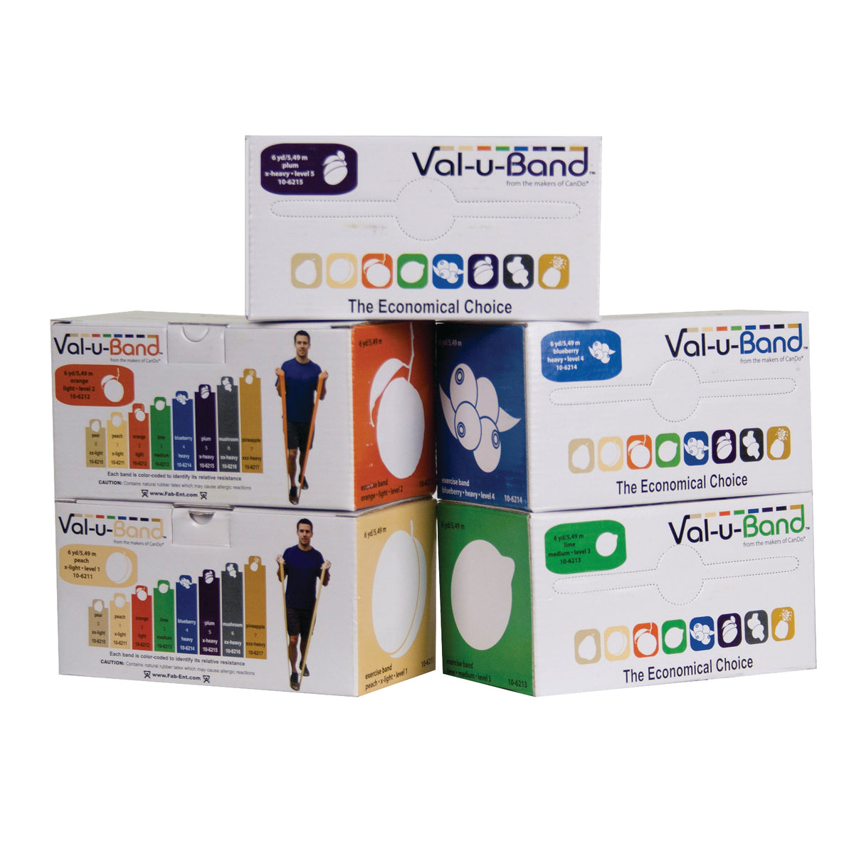 Val-u-Band Resistance Bands, Dispenser Roll, 6 Yds., 5-Piece Set, Peach, Orange, Lime, Blueberry, Plum, Contains Latex