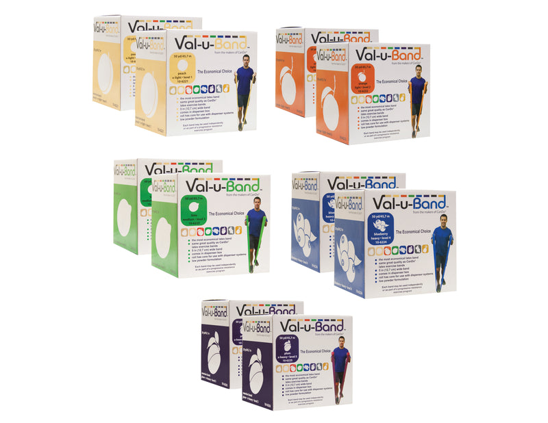 Val-u-Band Resistance Bands, Dispenser Roll, 100 Yds. (2 x 50 Yds.), 5-Piece Set, Peach, Orange, Lime, Blueberry, Plum, Contains Latex