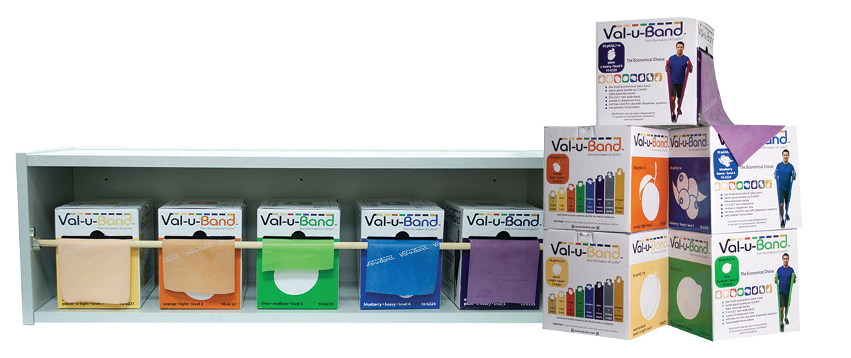 Val-u-Band Resistance Bands, Dispenser Roll, 100 Yds. (2 x 50 Yds.), 5-Piece Set, Peach, Orange, Lime, Blueberry, Plum, Dispenser Rack Included, Contains Latex