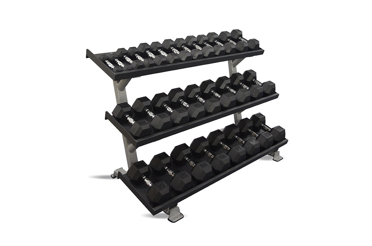Inflight Fitness, 69" 3-Tier Dumbbell Rack, Tray Style, 15 Pair Rubber Hexagon Dumbbell Set