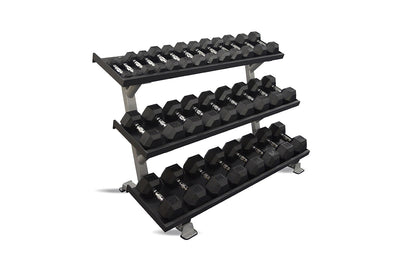 Inflight Fitness, 69" 3-Tier Dumbbell Rack, Tray Style, 15 Pair Rubber Hexagon Dumbbell Set