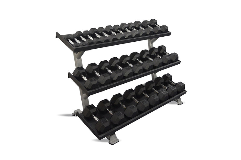 Inflight Fitness, 69" 3-Tier Dumbbell Rack, Tray Style, 15 Pair Rubber Hexagon Dumbbell Set