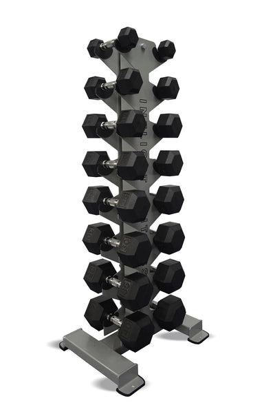 Inflight Fitness, 8-Pair Vertical Dumbbell Rack, 8 Pair Rubber Hexagon Dumbbell Set
