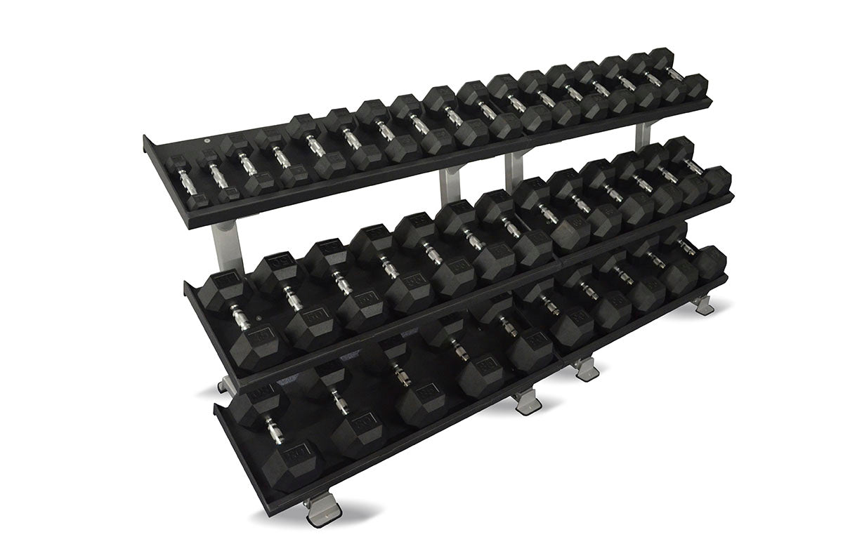 Inflight Fitness, 108" 3-Tier Dumbbell Rack, Tray Style, 13 Pair Rubber Hexagon Dumbbell Set