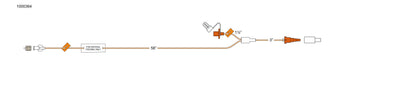 CODAN Orange Stripe MiniBore Extension set, female luer-lock, slide clamp, enteral safety label, Y-connector, universal female slip-tip luer with tethered cap, male step-down feeding connector
