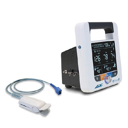 ADC American Diagnostic Corp Adview Blood Pressure Base Unit Blood Pressure, ChipOx Nellcor-compatible SpO2 Lithium-ion Battery, Input 100 to 240 VAC @ 1.5 A max, 50 to 60 Hz, Output +9 VDC @ 5 A