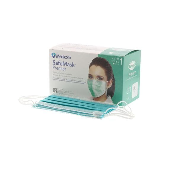 Medicom Mask Procedure SafeMask Premier ASTM Level 1 Pleated Teal Size 50/Bx - 2018