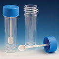 Globe Scientific Container, Fecal, 30mL, Attached Screwcap with Spoon, PS, Conical Bottom, Self-Standing - GS-109117