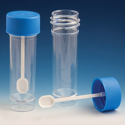 Globe Scientific Container, Fecal, 30mL, Attached Screwcap with Spoon, PS, Conical Bottom, Self-Standing - GS-109117