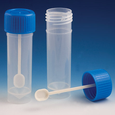 Globe Scientific Container, Fecal, 30mL, Attached Screw Cap with Spoon, PP, Conical Bottom, Self-Standing