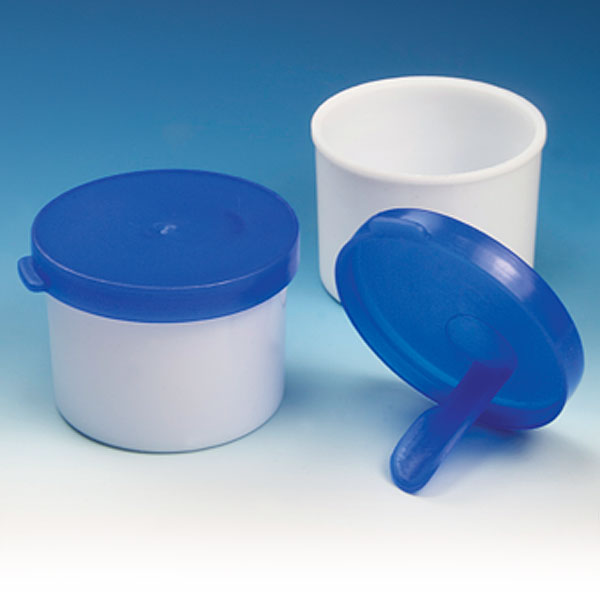 Globe Scientific Container, Fecal, 20mL, White Container with Blue Cap, Attached Spoon, 100 of Bag, 12 Bags of Case - GS-109224