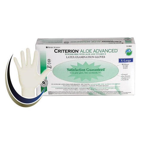 Henry Schein Inc. Gloves Exam Criterion Aloe Advanced Powder-Free Latex XL Natural White 90/Bx, 10 BX/CA - 1125844