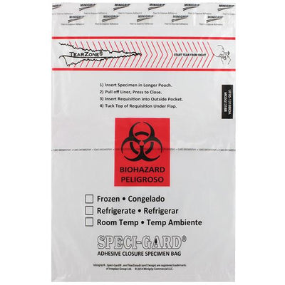 MiniGrip, LLC Speci-Gard Specimen Transport Bag Clear Adhesive Closure W/ 2-Wall/ Pckt 500/Ca - UF951318BIOA